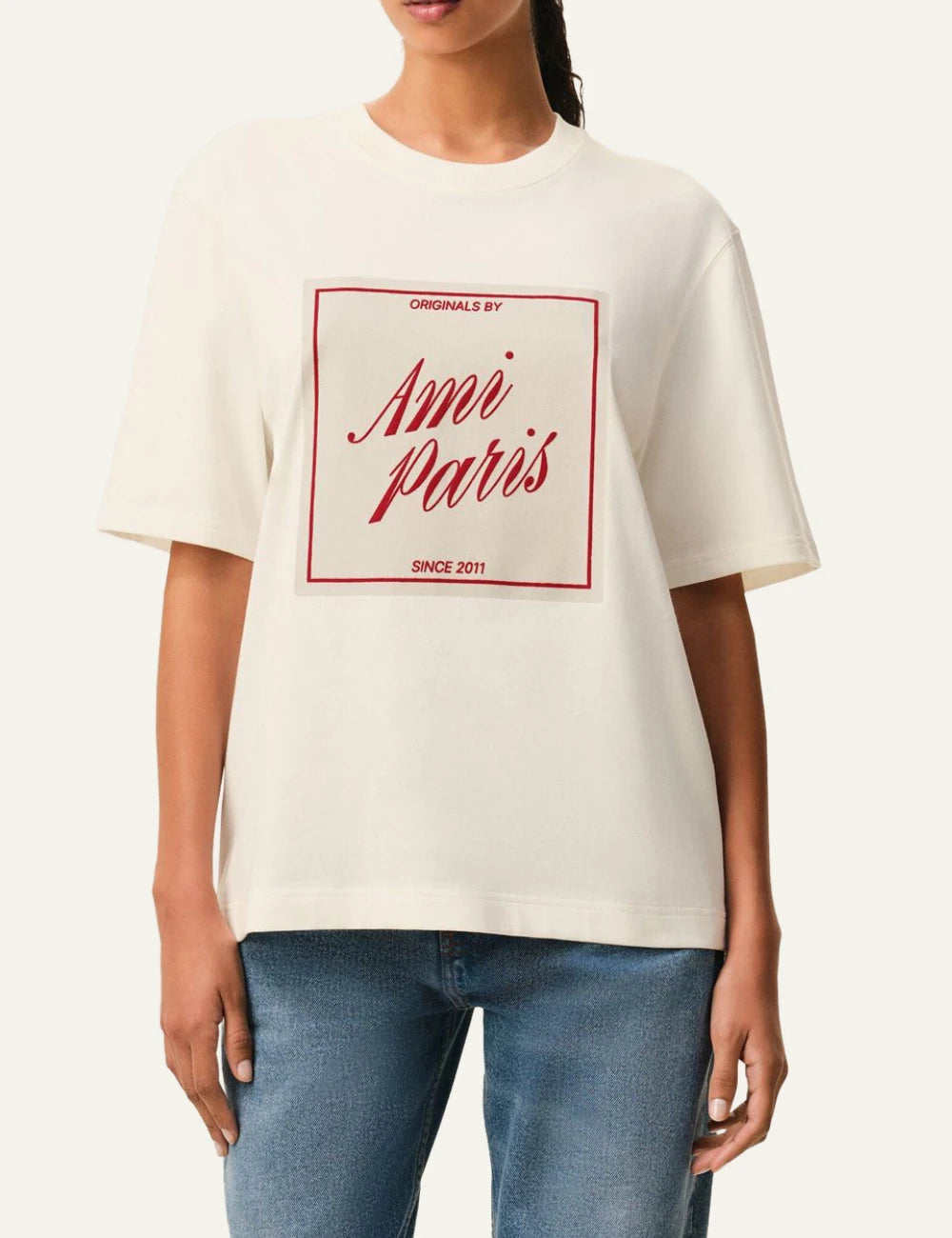 ami paris originals graphic cotton t shirt ecru red logo front model