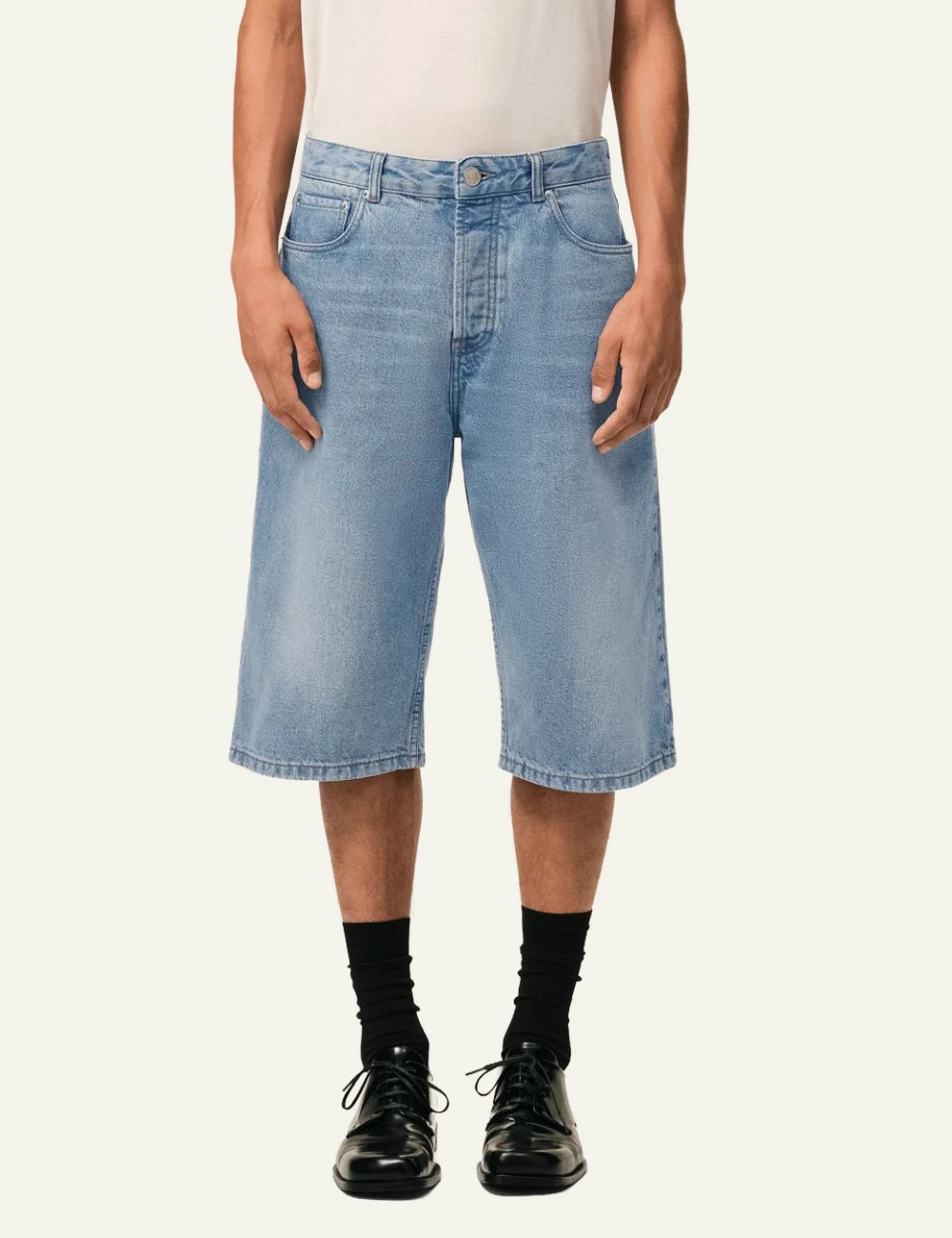 ami paris indigo denim bermuda shorts wide leg front model view