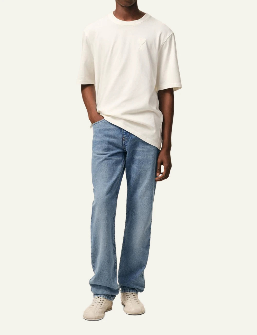 ami paris indigo denim classic fit jeans used wash front full body view