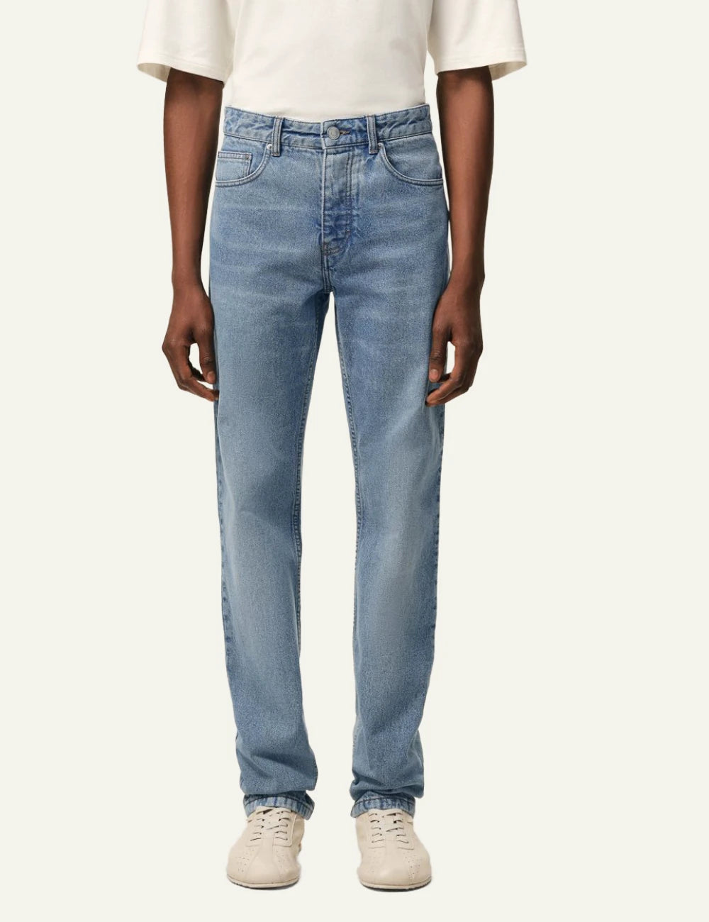 ami paris indigo denim classic fit jeans used wash front model view