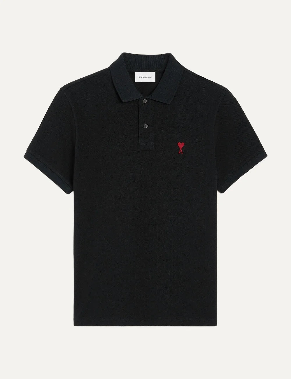 AMI Paris men black organic cotton polo shirt with red Ami de Coeur embroidery