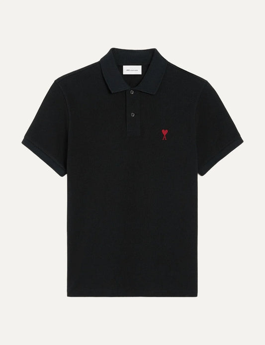 AMI Paris men black organic cotton polo shirt with red Ami de Coeur embroidery