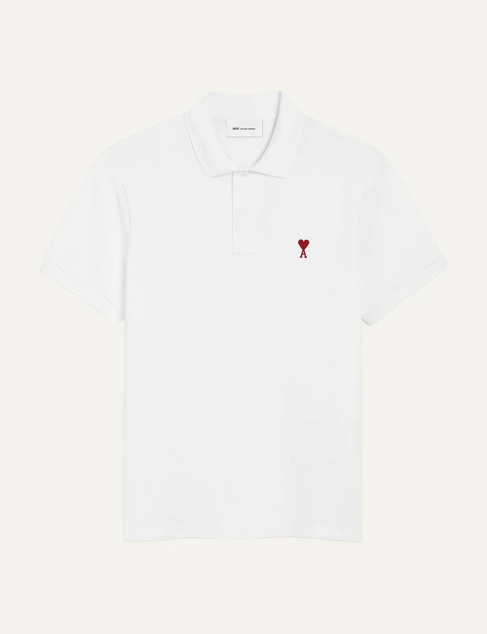 AMI Paris men white organic cotton polo shirt with red Ami de Coeur embroidery