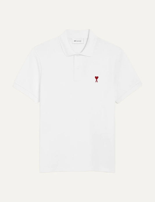 AMI Paris men white organic cotton polo shirt with red Ami de Coeur embroidery