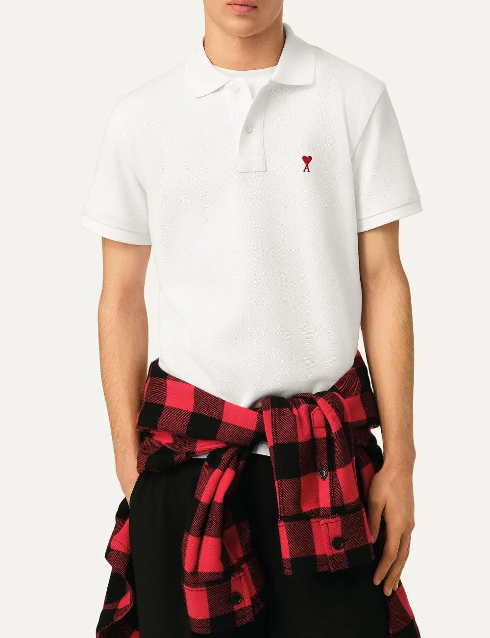 AMI Paris men white organic cotton polo shirt with red Ami de Coeur embroidery model
