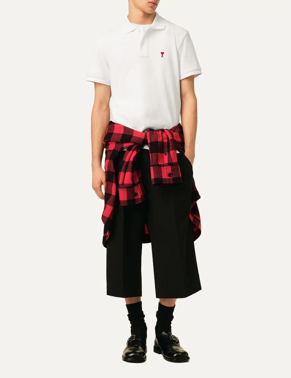 AMI Paris men white organic cotton polo shirt with red Ami de Coeur embroidery full body