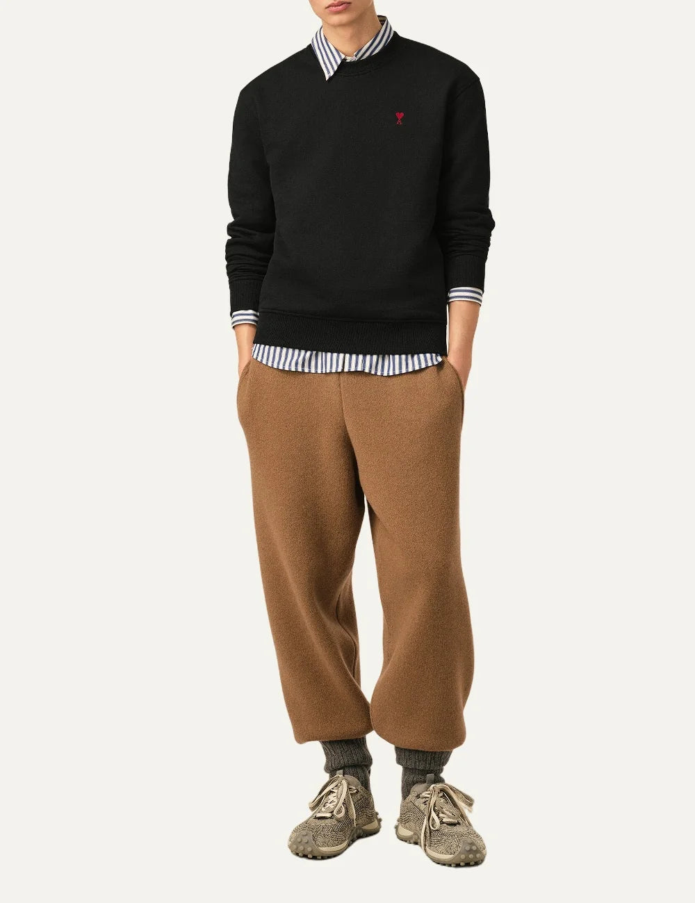 AMI Paris men black crewneck sweatshirt with red Ami de Coeur chest embroidery full body
