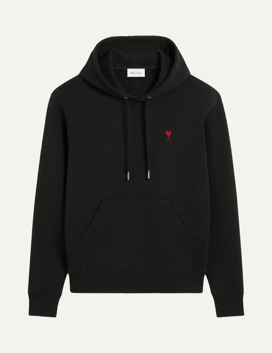 AMI Paris men black hoodie with red Ami de Coeur chest embroidery