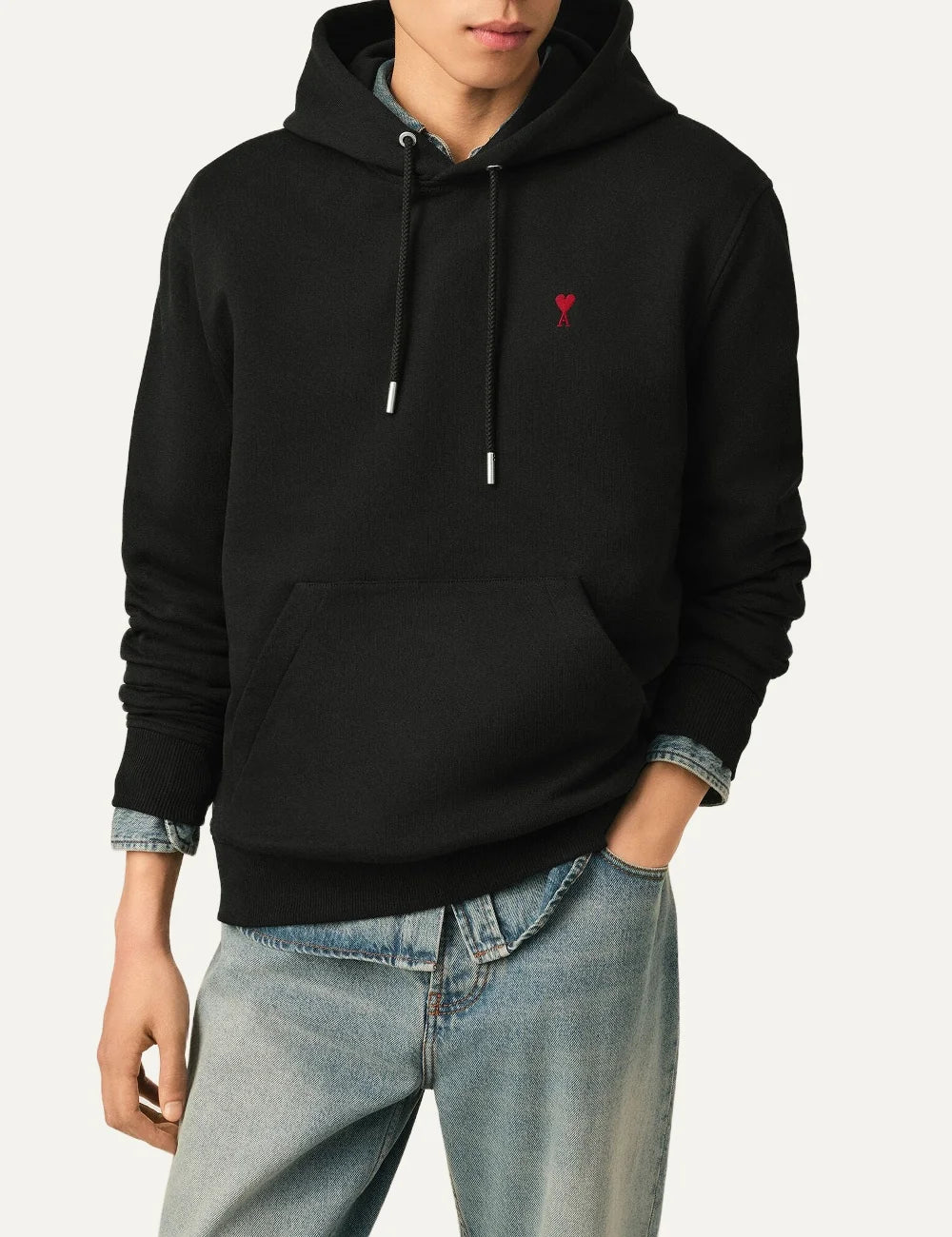 AMI Paris men black hoodie with red Ami de Coeur chest embroidery model