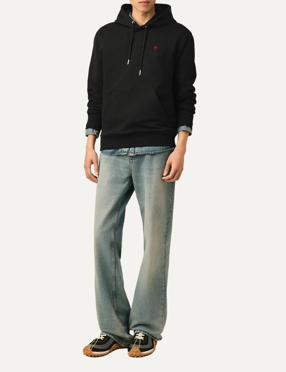 AMI Paris men black hoodie with red Ami de Coeur chest embroidery full body