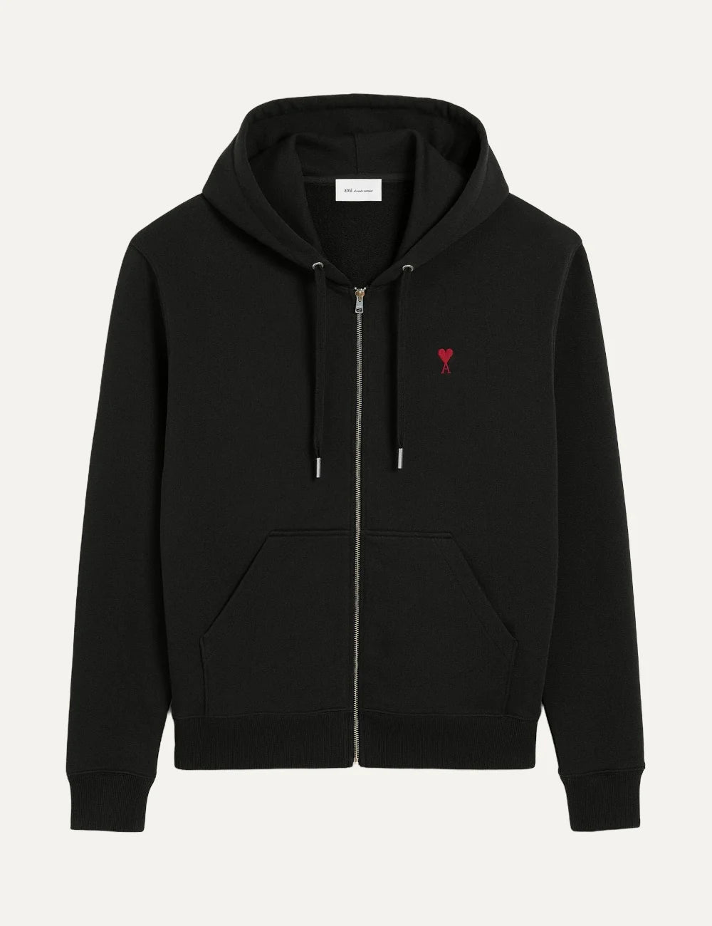 AMI Paris men black zip-up hoodie with red Ami de Coeur chest embroidery