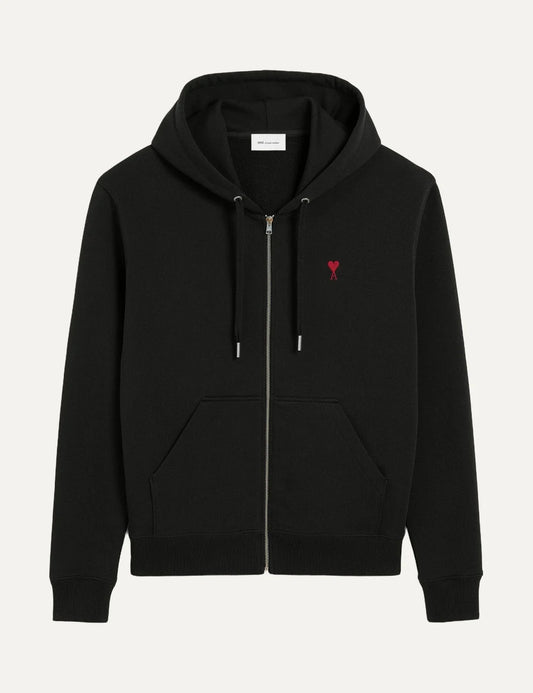 AMI Paris men black zip-up hoodie with red Ami de Coeur chest embroidery