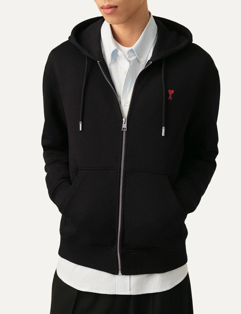 AMI Paris men black zip-up hoodie with red Ami de Coeur chest embroidery model