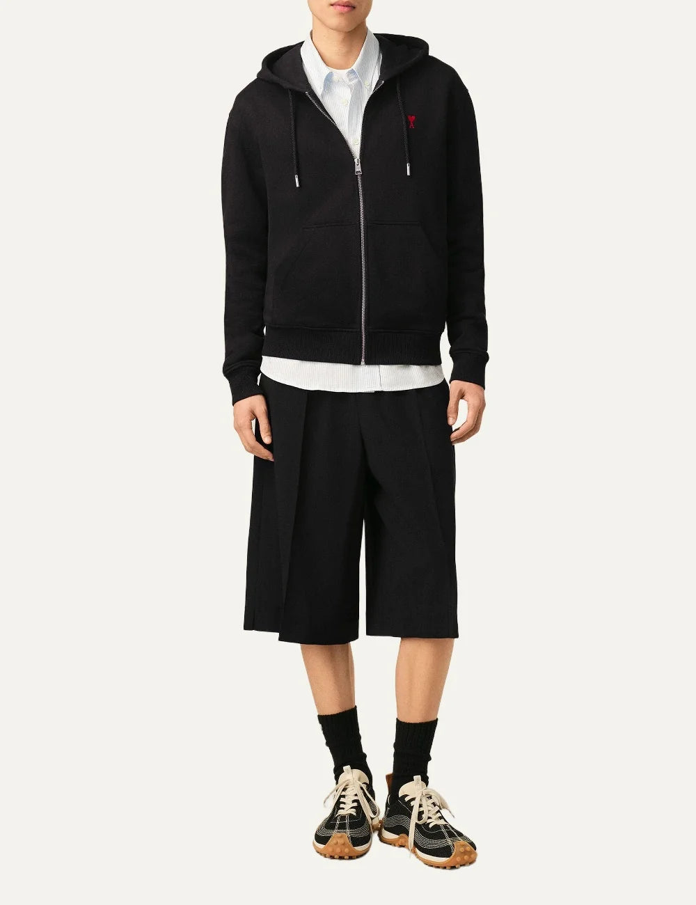 AMI Paris men black zip-up hoodie with red Ami de Coeur chest embroidery full body
