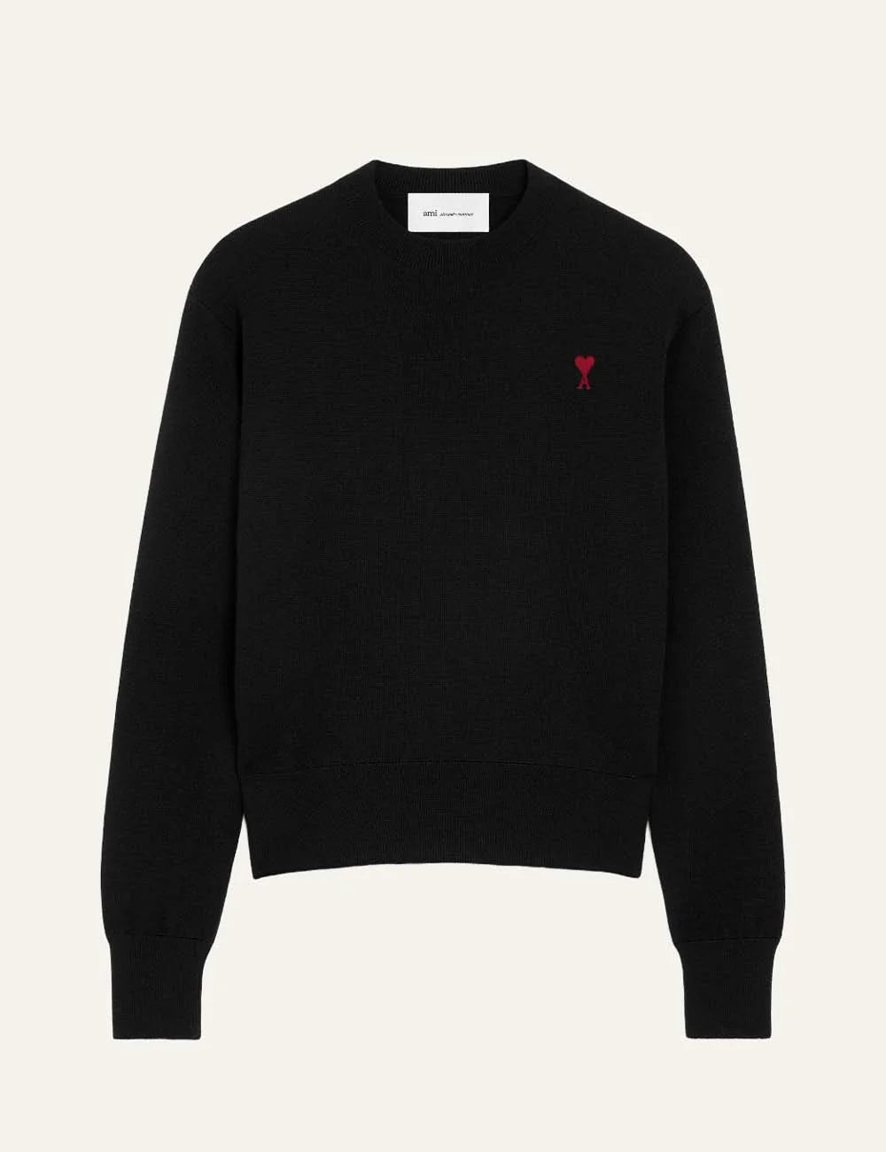 AMI Paris men black wool crewneck sweater with red Ami de Coeur embroidery