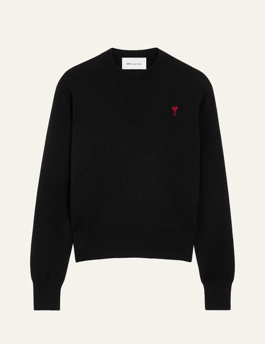 AMI Paris men black wool crewneck sweater with red Ami de Coeur embroidery