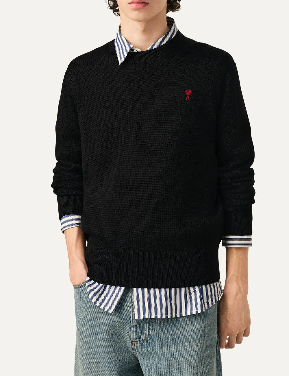 AMI Paris men black wool crewneck sweater with red Ami de Coeur embroidery model
