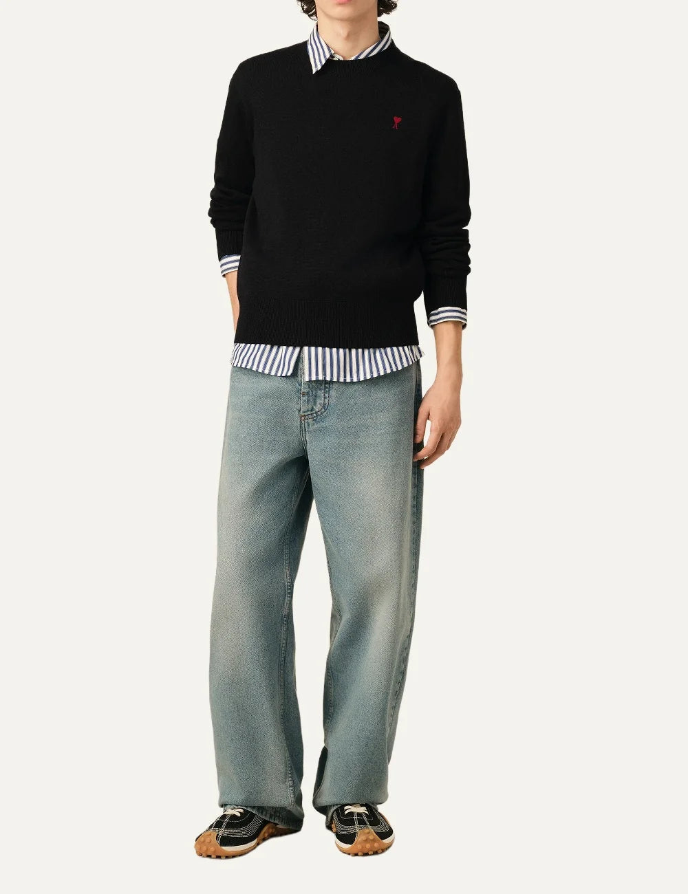 AMI Paris men black wool crewneck sweater with red Ami de Coeur embroidery full body