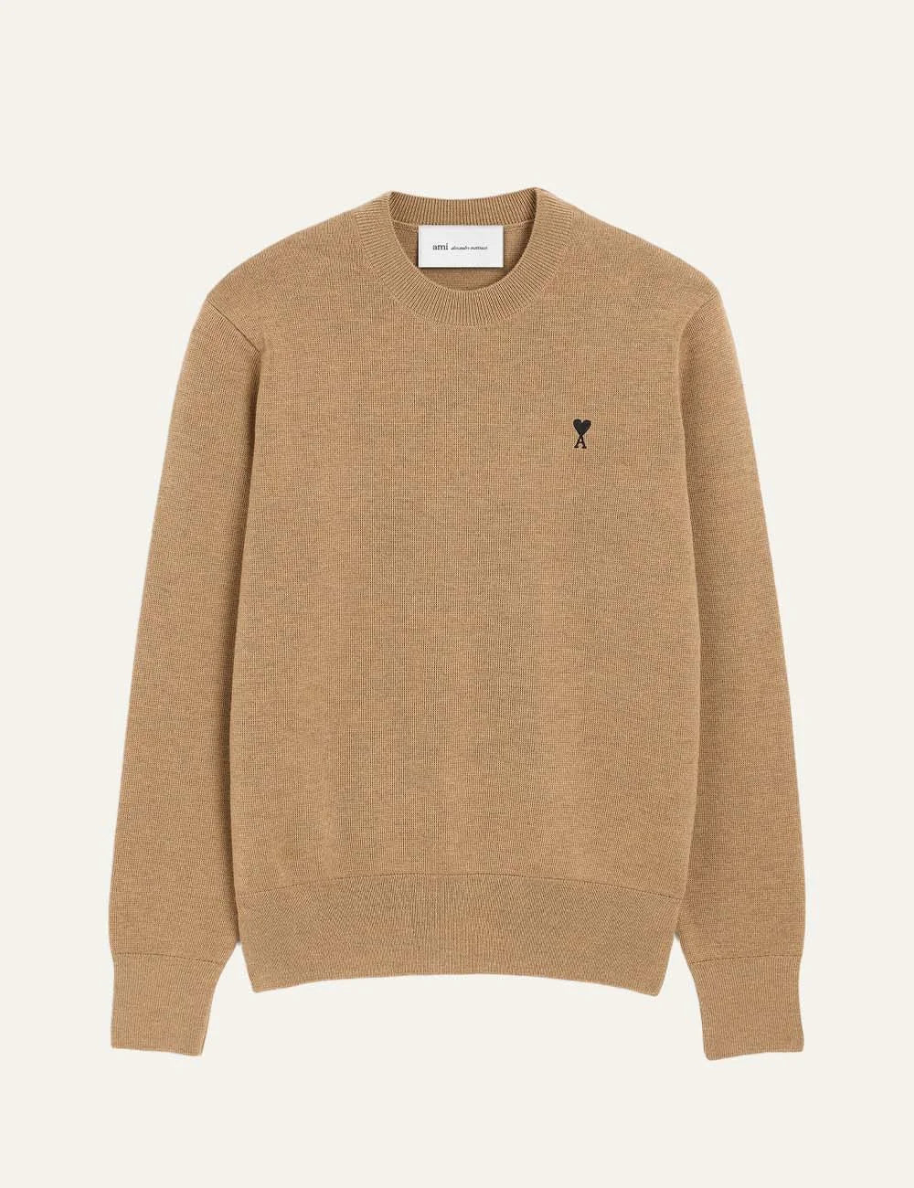 AMI Paris men beige wool crewneck sweater with black Ami de Coeur embroidery