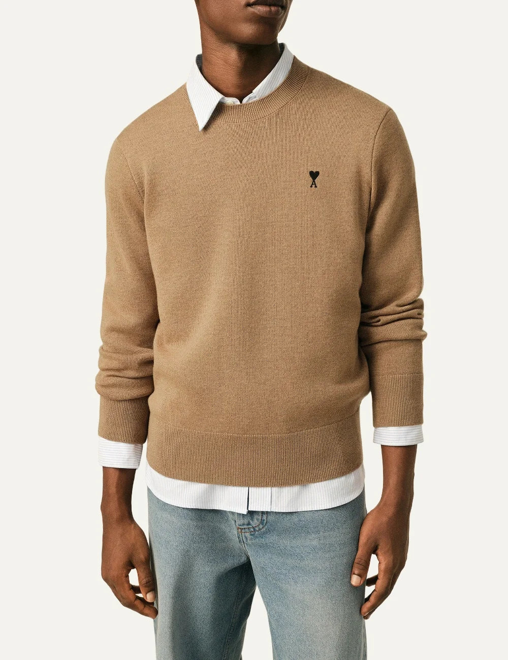 AMI Paris men beige wool crewneck sweater with black Ami de Coeur embroidery model