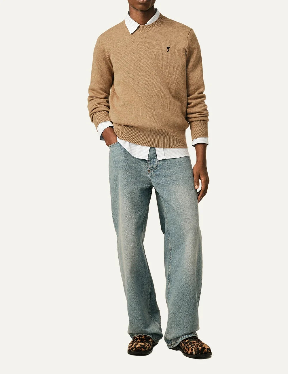 AMI Paris men beige wool crewneck sweater with black Ami de Coeur embroidery full body