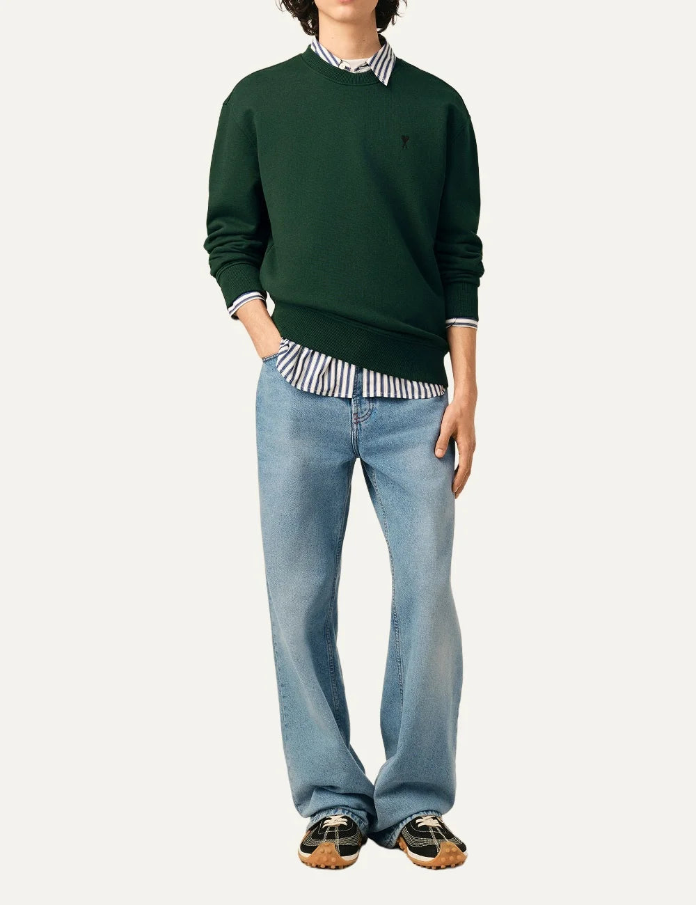 AMI Paris men green crewneck sweatshirt with contrasting Ami de Coeur chest embroidery full body