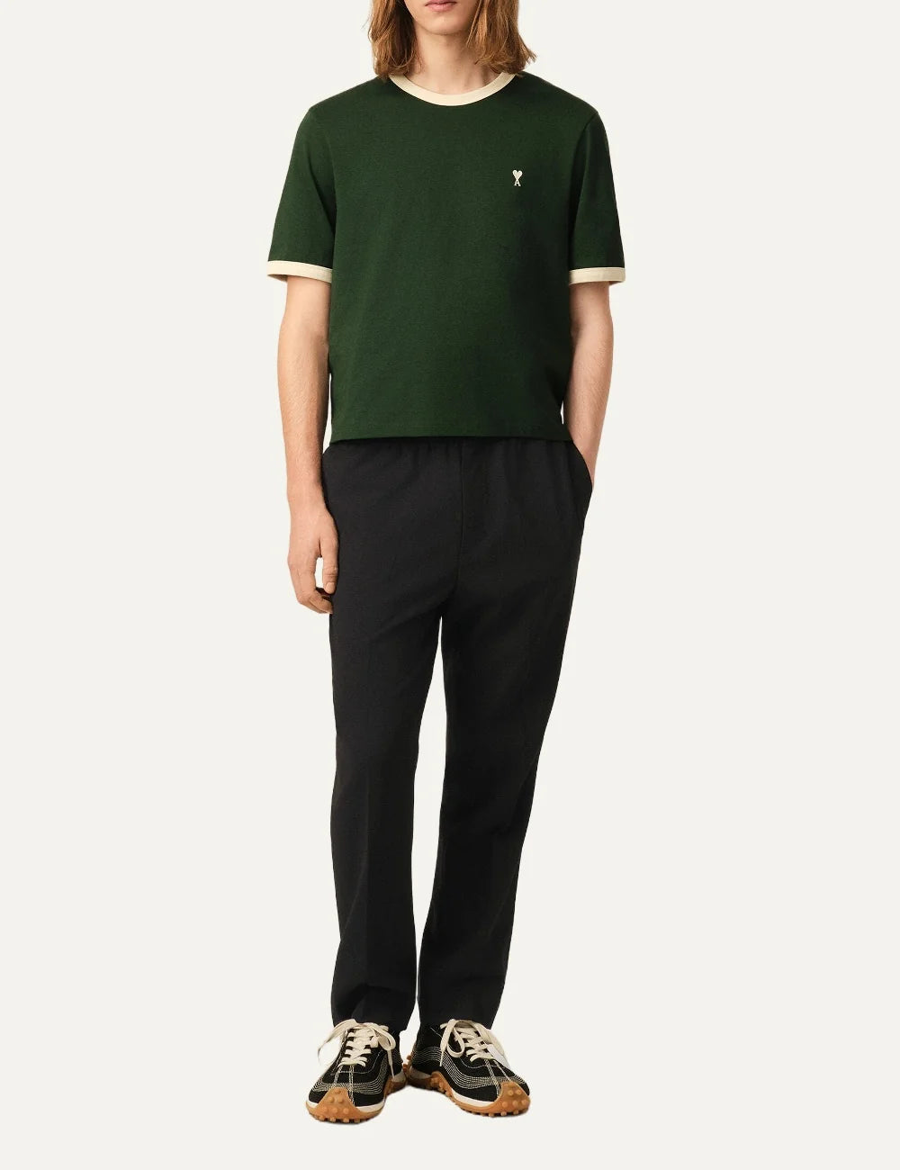 AMI Paris men black straight-leg trousers with elasticated waistband and side pockets full body