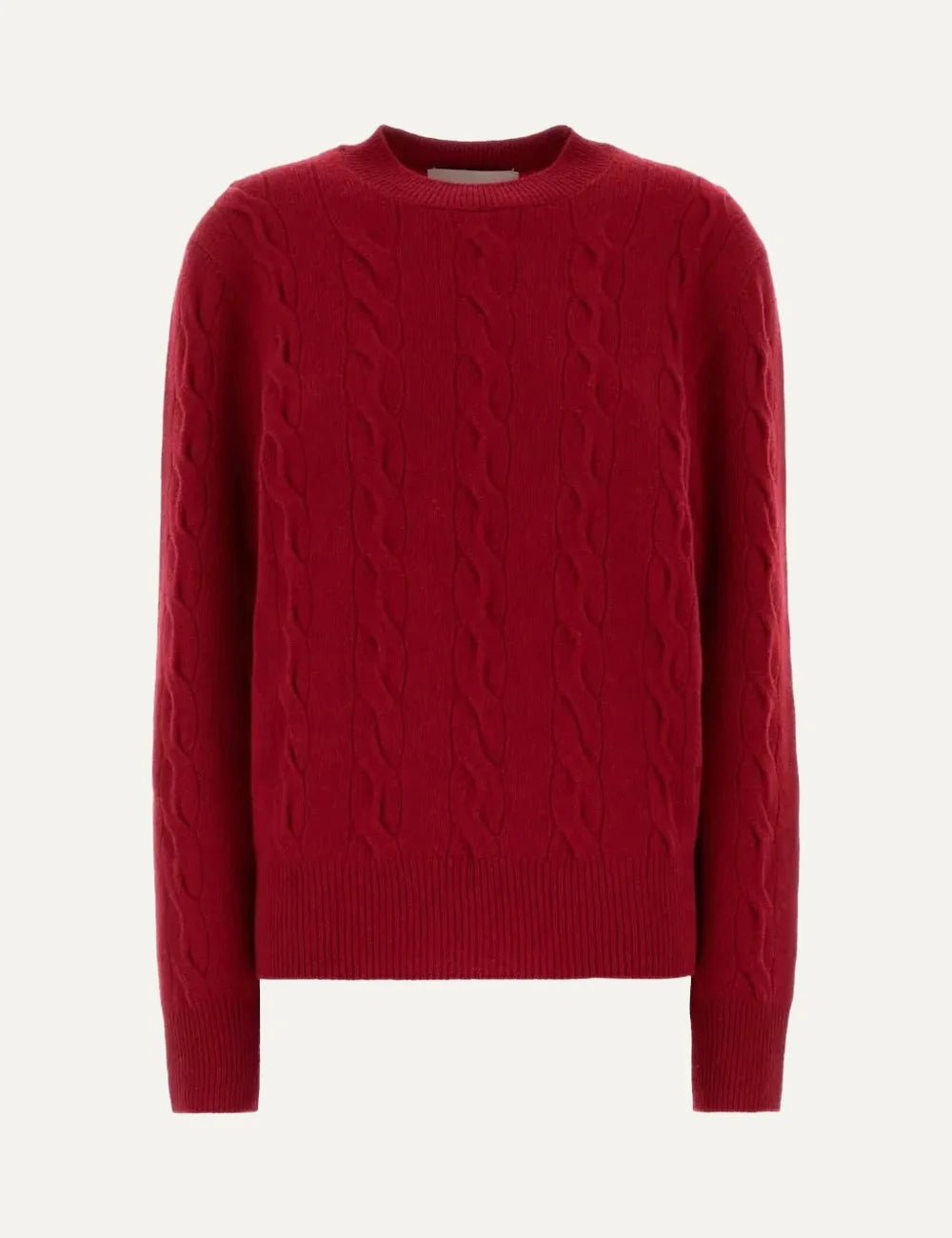 AMI Paris men ruby red cable knit crewneck sweater with tonal Ami de Coeur logo