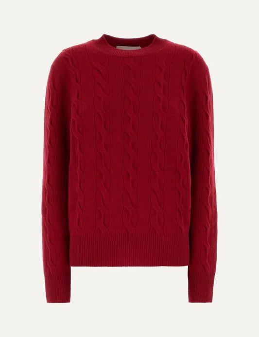 AMI Paris men ruby red cable knit crewneck sweater with tonal Ami de Coeur logo