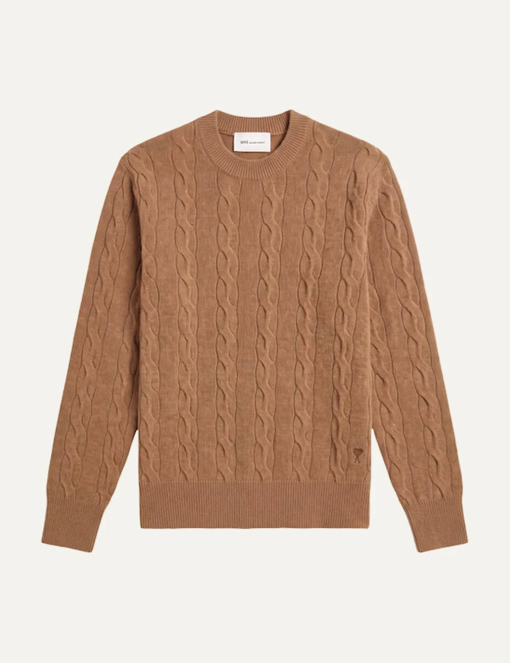 AMI Paris men beige cable knit crewneck sweater with tonal Ami de Coeur logo