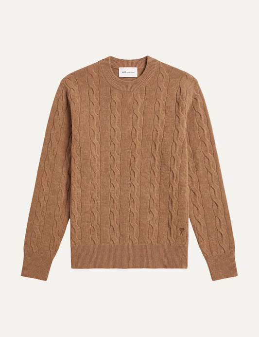 AMI Paris men beige cable knit crewneck sweater with tonal Ami de Coeur logo