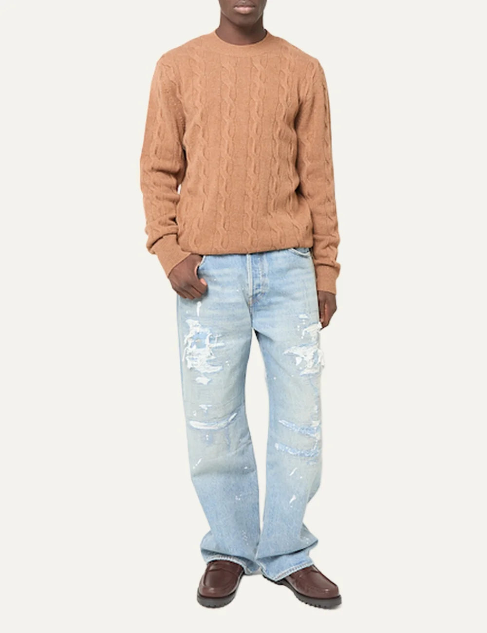 AMI Paris men beige cable knit crewneck sweater with tonal Ami de Coeur logo full body