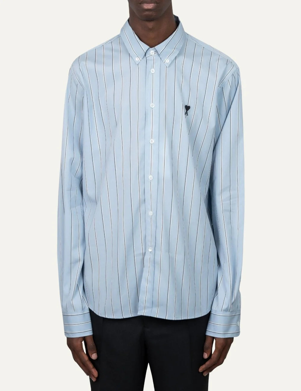 AMI Paris men Bleu Cachemire and ivory striped cotton Oxford shirt with Ami de Coeur embroidery