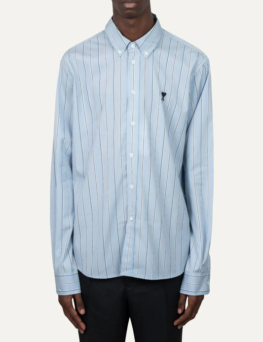 AMI Paris men Bleu Cachemire and ivory striped cotton Oxford shirt with Ami de Coeur embroidery