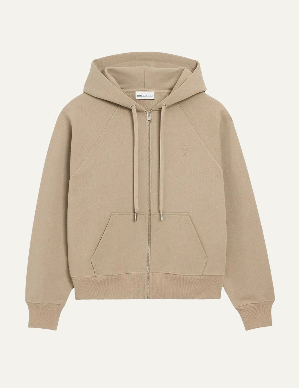 AMI Paris men beige zip-up hoodie with tonal Ami de Coeur logo and silver-tone hardware 