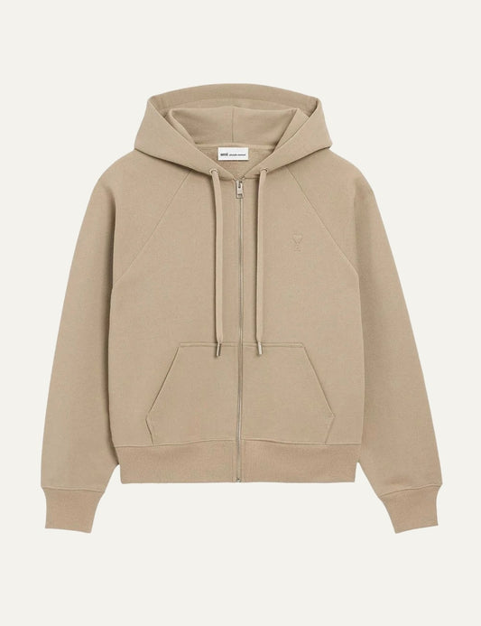 AMI Paris men beige zip-up hoodie with tonal Ami de Coeur logo and silver-tone hardware 