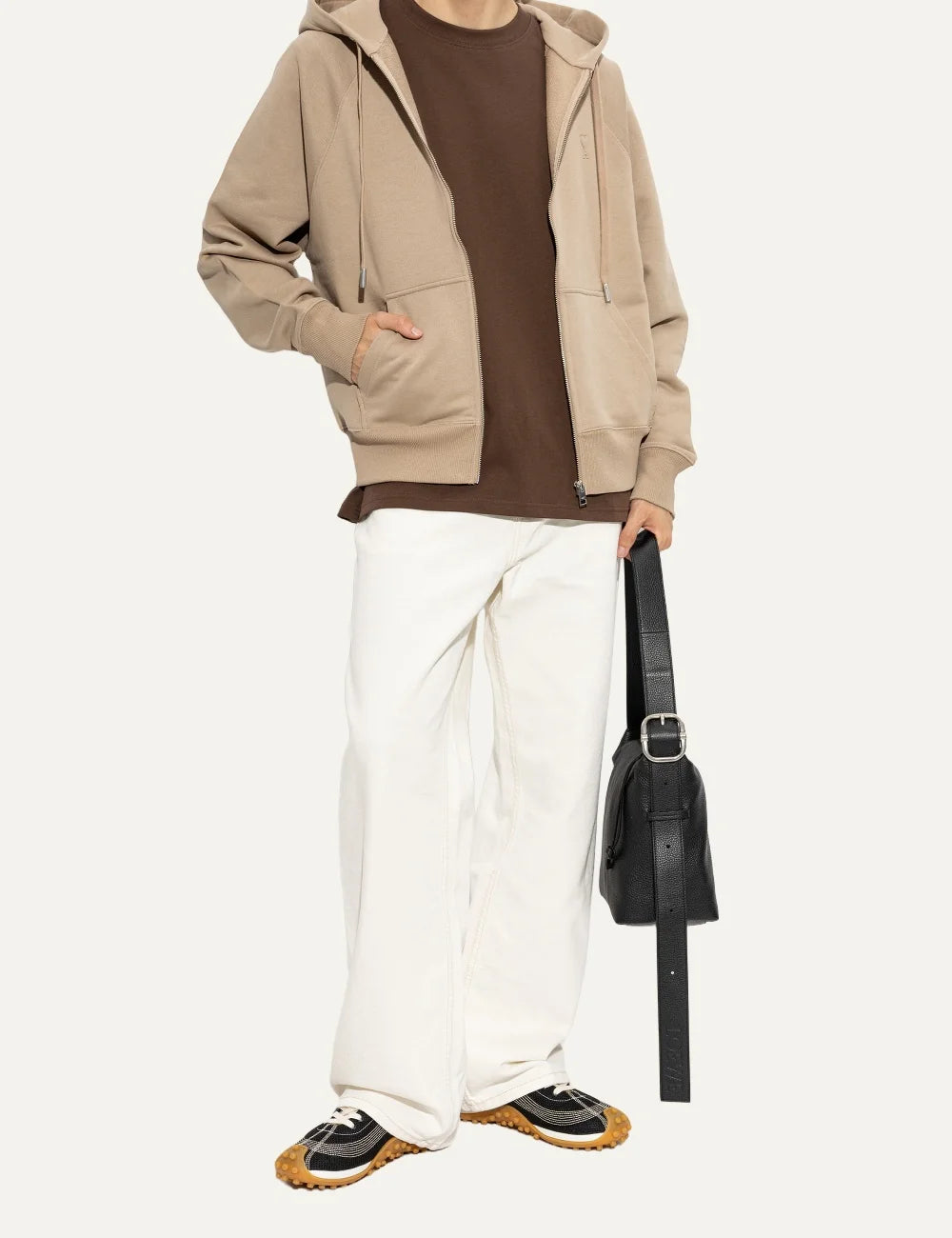 AMI Paris men beige zip-up hoodie with tonal Ami de Coeur logo and silver-tone hardware model