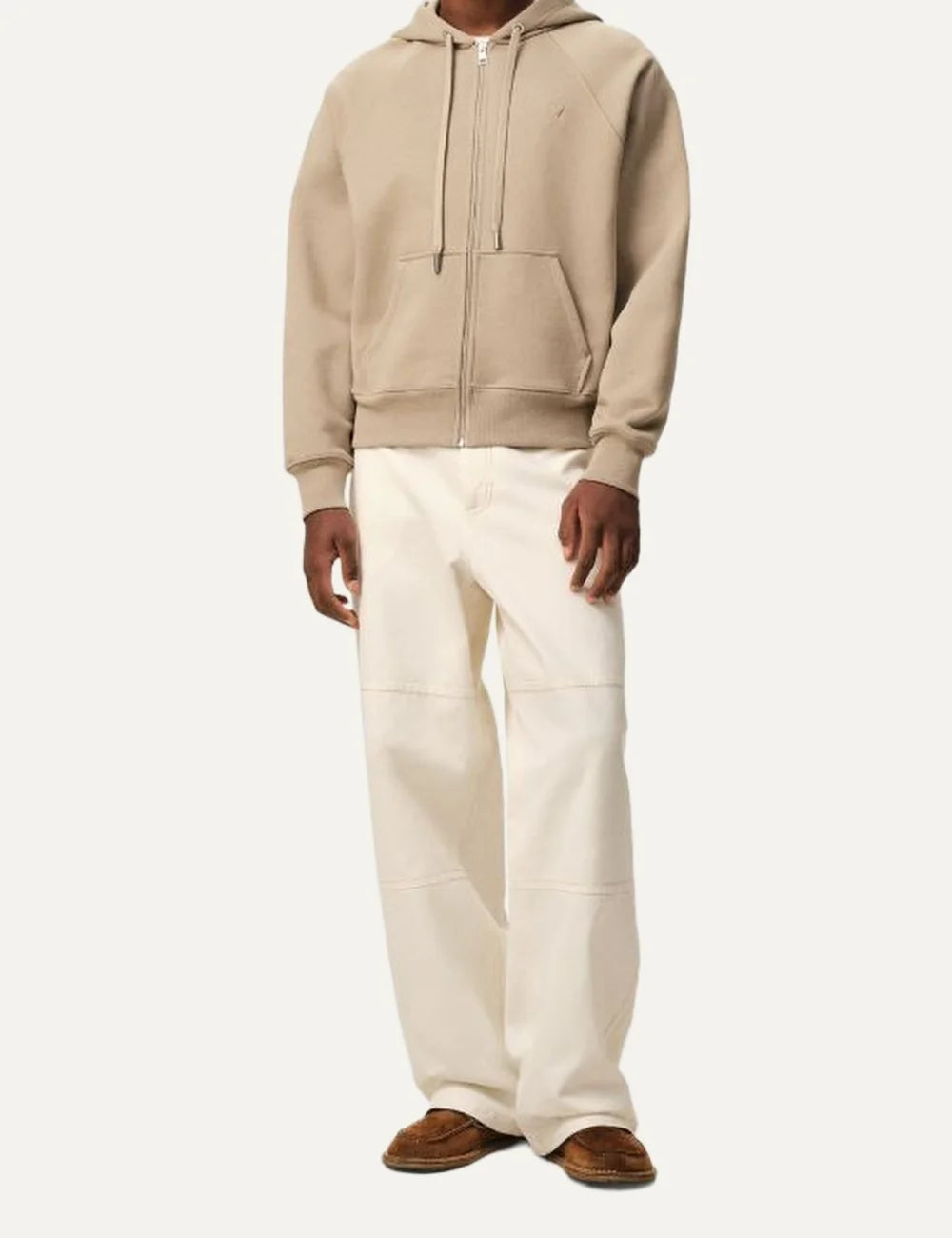 AMI Paris men beige zip-up hoodie with tonal Ami de Coeur logo and silver-tone hardware full body