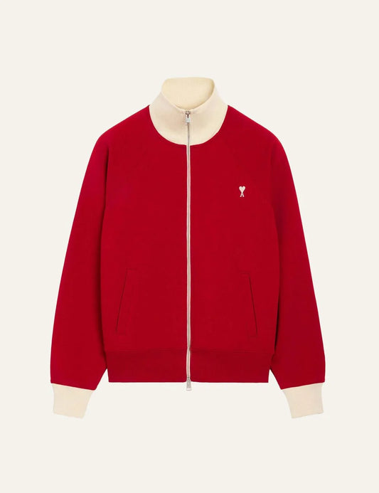 AMI Paris men red organic cotton zip sweatshirt with ecru collar and Ami de Coeur logo