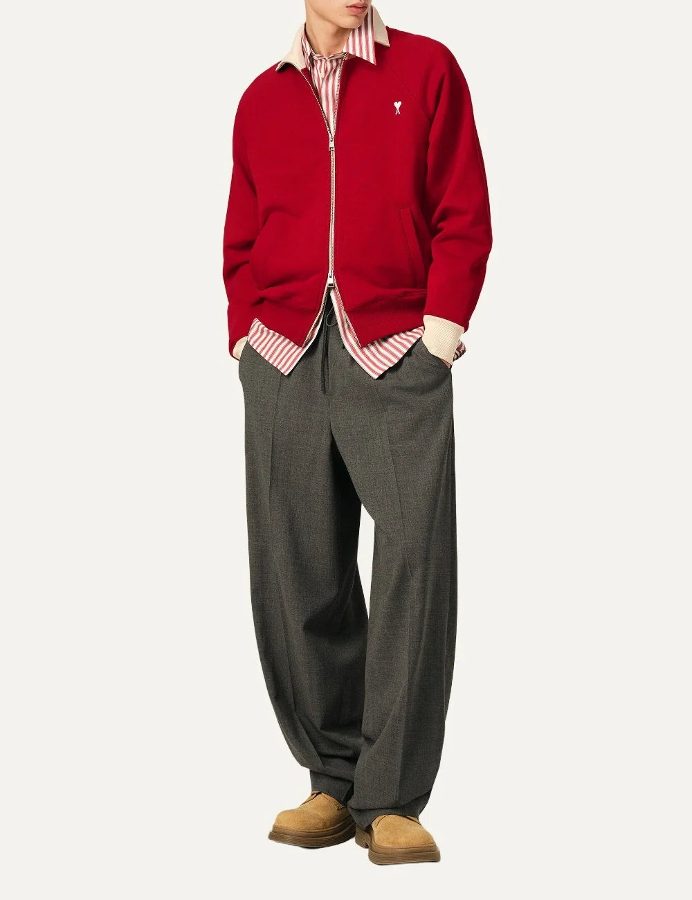 AMI Paris men red organic cotton zip sweatshirt with ecru collar and Ami de Coeur logo full body