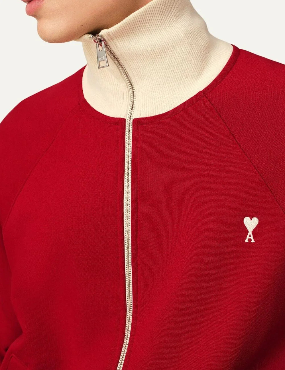 AMI Paris men red organic cotton zip sweatshirt with ecru collar and Ami de Coeur logo detail