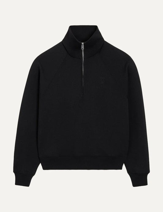 AMI Paris men black organic cotton half-zip sweatshirt with tonal Ami de Coeur logo