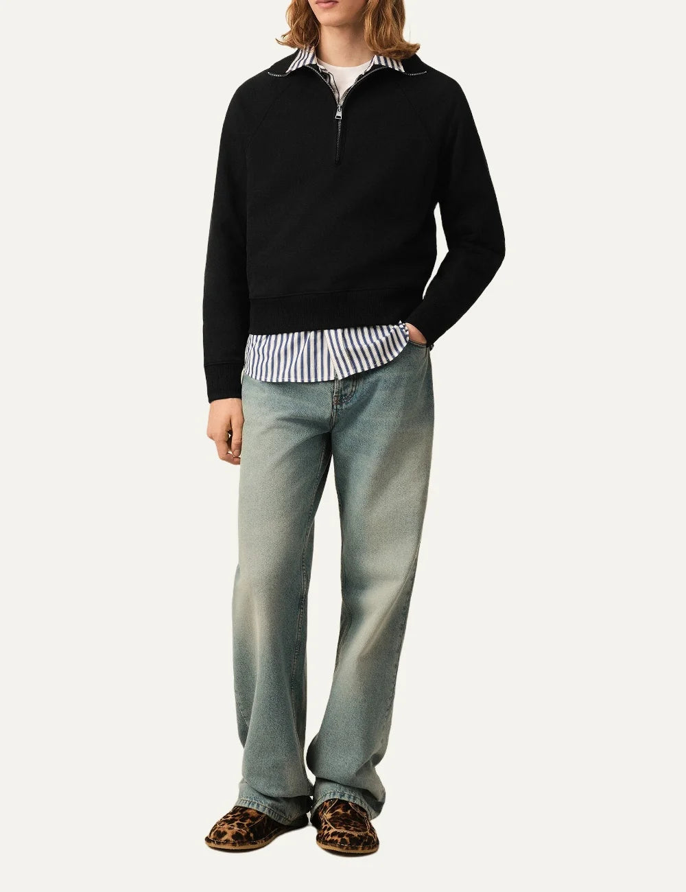 AMI Paris men black organic cotton half-zip sweatshirt with tonal Ami de Coeur logo full body