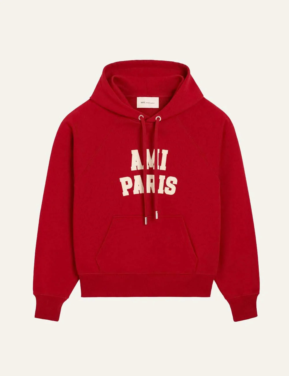 AMI Paris men red organic cotton hoodie with white felt AMI Paris logo embroidery
