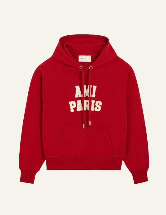 AMI Paris men red organic cotton hoodie with white felt AMI Paris logo embroidery