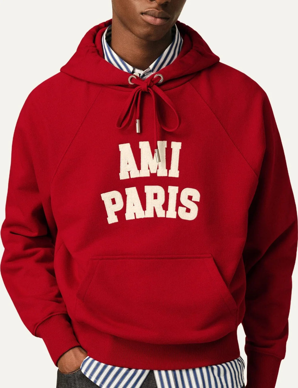 AMI Paris men red organic cotton hoodie with white felt AMI Paris logo embroidery  model
