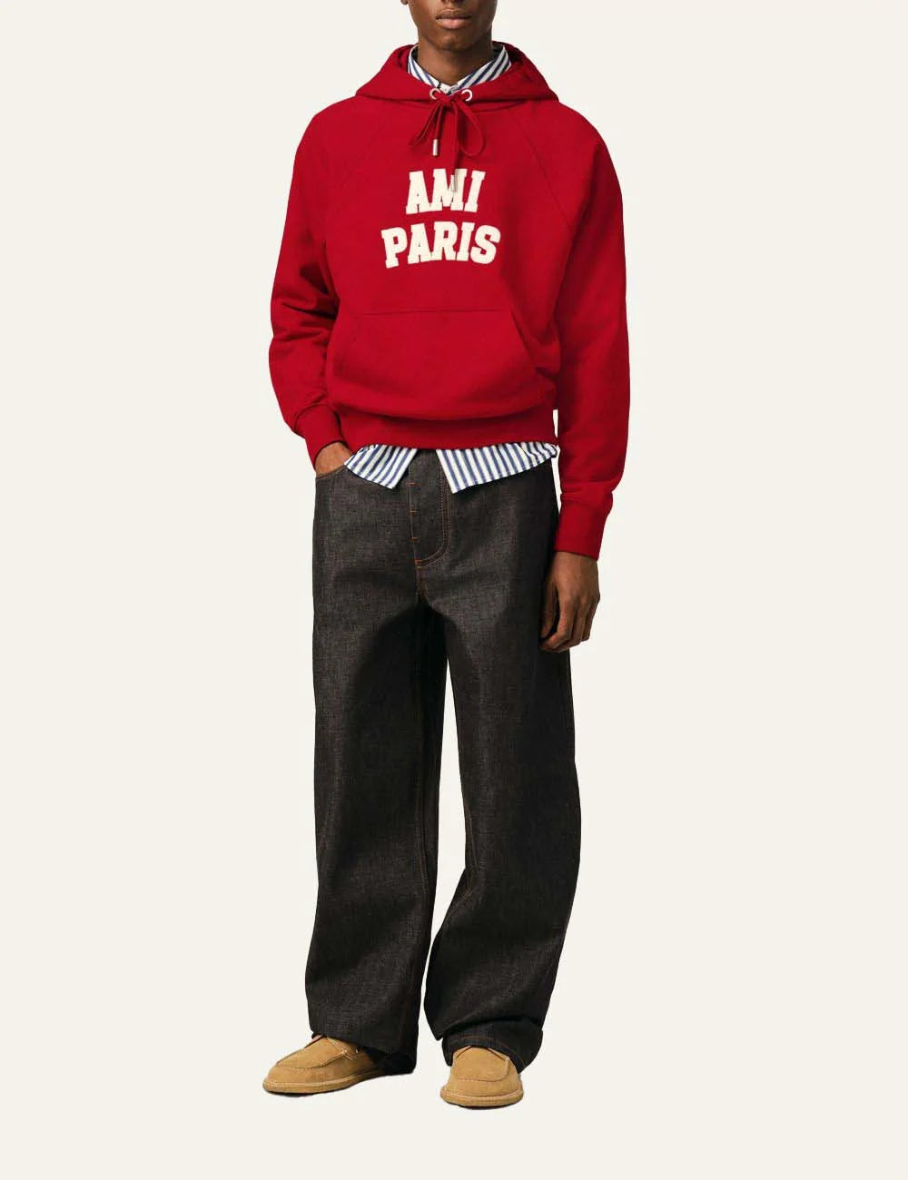 AMI Paris men red organic cotton hoodie with white felt AMI Paris logo embroidery  full body