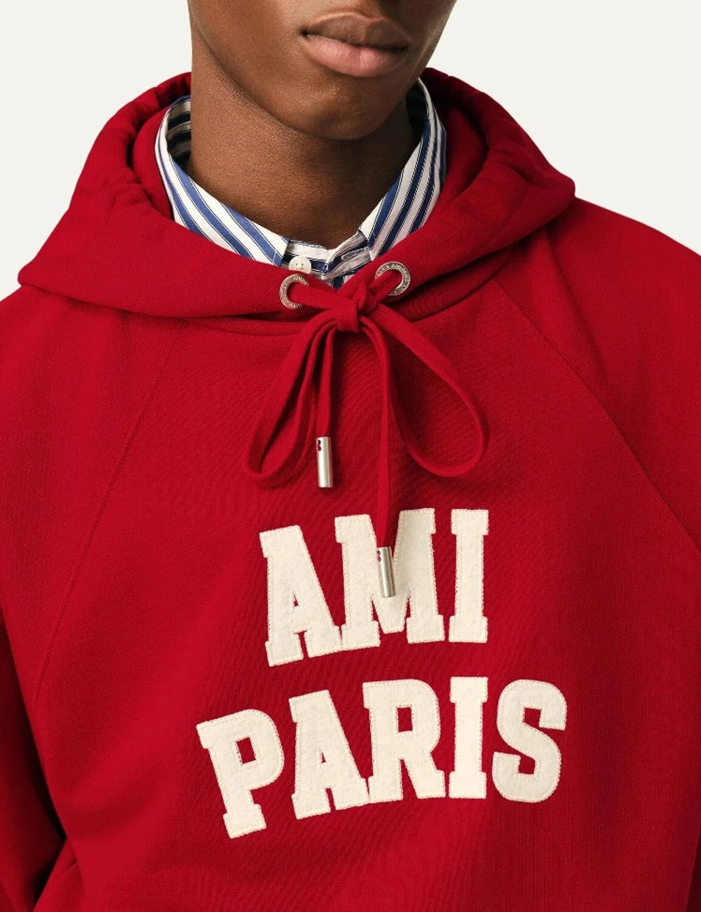 AMI Paris men red organic cotton hoodie with white felt AMI Paris logo embroidery  detail