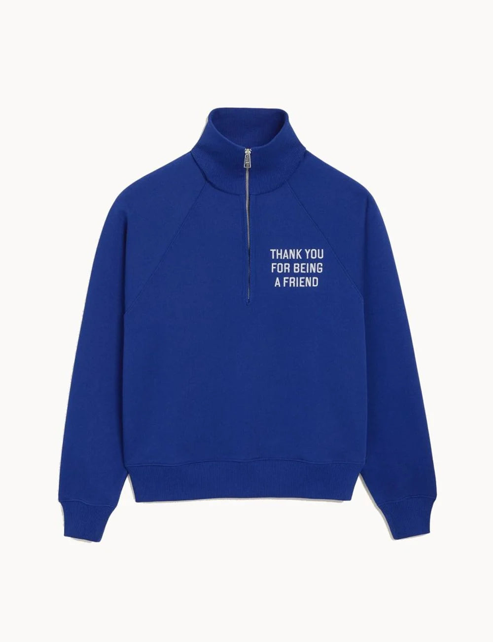 AMI Paris men blue organic cotton half-zip sweatshirt with Thank You For Being A Friend embroidery