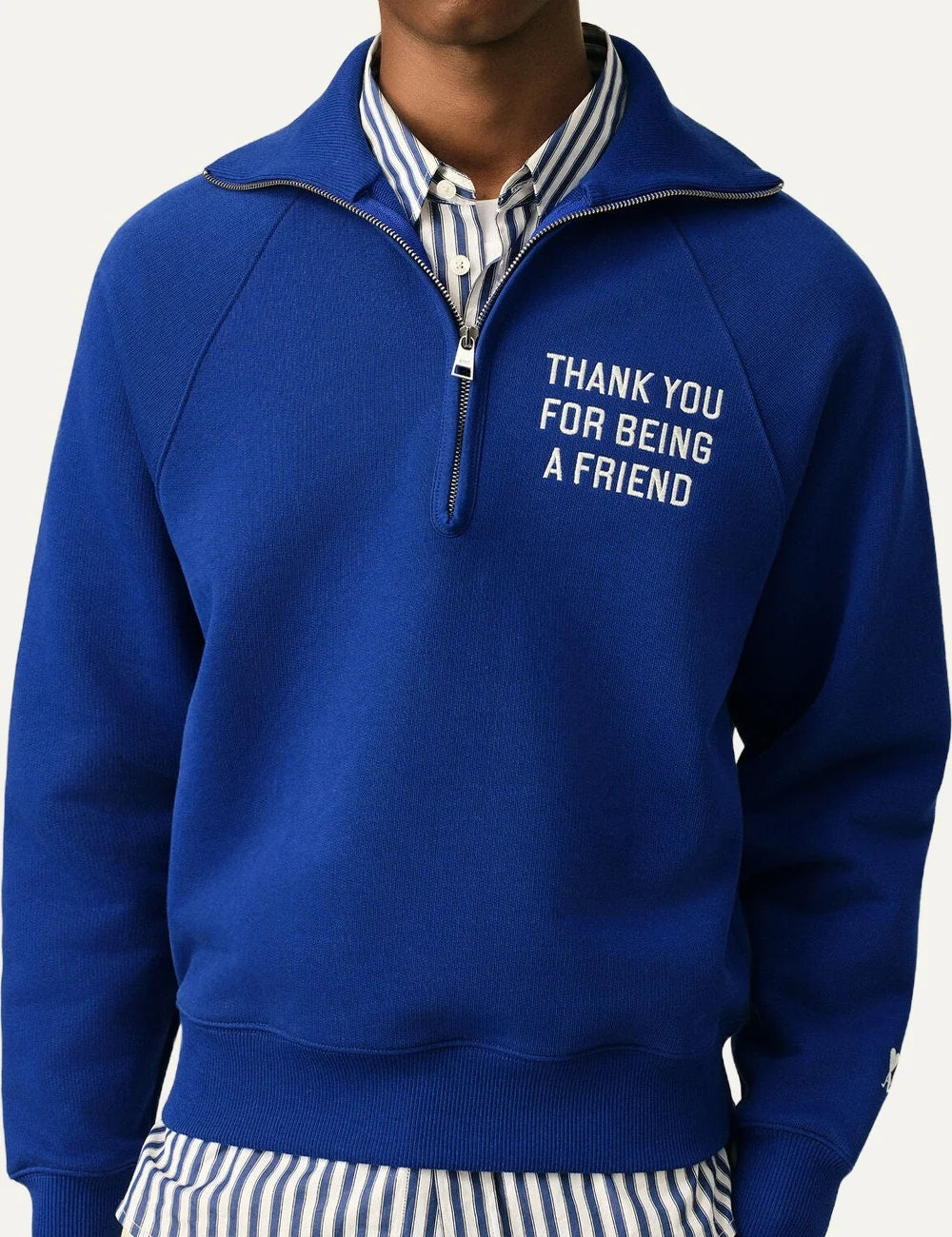 AMI Paris men blue organic cotton half-zip sweatshirt with Thank You For Being A Friend embroidery model